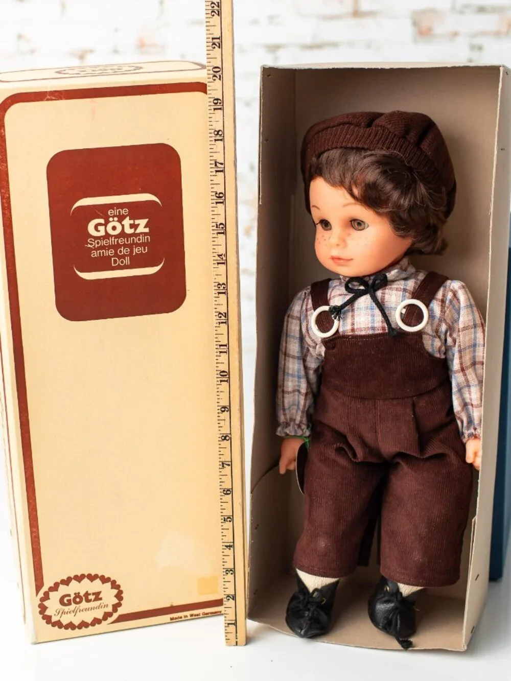 Vintage Götz Weichbaby Doll West Germany Boy Brown Overalls in Box Sleep Eyes
